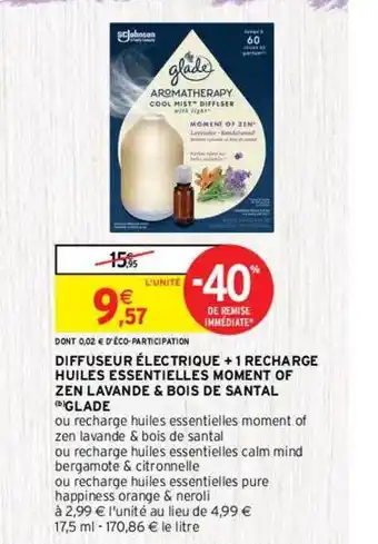 Intermarché Hyper Diffuseur électrique + 1 recharge huiles essentielles moment of zen lavande & bois de santal glade offre