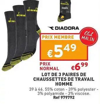 Trafic Lot de 3 paires de chaussettes de travail homme diadora offre