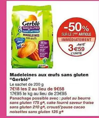 Monoprix Madeleines aux oeufs sans gluten offre