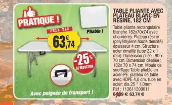 Outiror Table pliante avec plateau blanc en résine, 182 cm offre