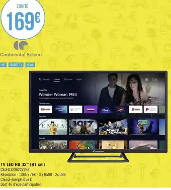 Géant Casino Continental edison tv led hd 32’’ (81 cm) offre