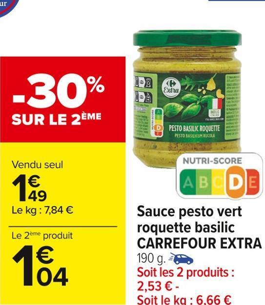 Promo Carrefour extra sauce pesto vert roquette basilic chez Carrefour