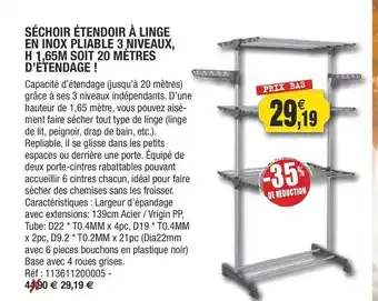 Outiror Séchoir étendeur à linge en inox pliable 3 niveaux, h 1,65 m soit 20 mètres d'étendage offre