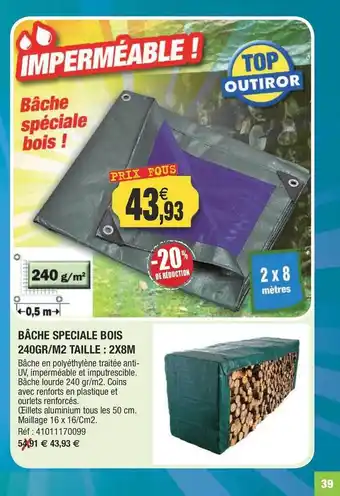 Bâche spéciale bois 240 g-m² taille : 2x8 m