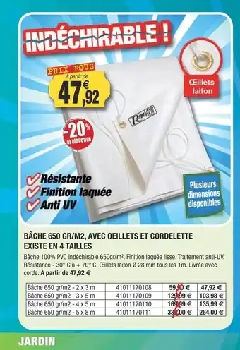 Outiror Bâche 650 gr-m², avec oeillets et cordelette existe en 4 tailles offre