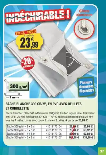Outiror Bâche blanche 300 gr-m², en pvc avec œillets et cordelette offre