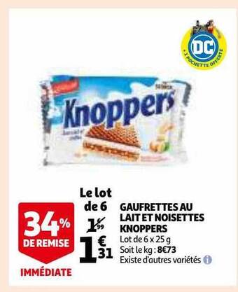 Auchan Gaufrettes au lait et noisettes knoppers offre