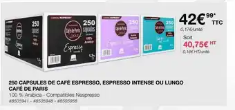 Costco 250 capsules de café espresso, espresso intense ou lungo café de paris offre