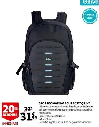 Auchan Qilive sac à dos gaming pour pc 17" offre
