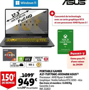 Auchan Asus portable gamer a17-tuf706ic-hx048w offre