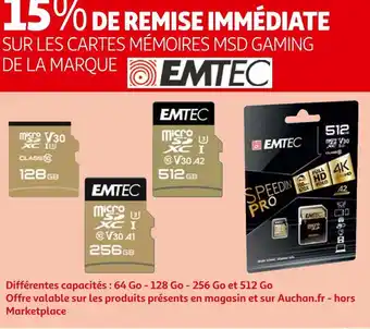 Auchan Emtec 15% de remise immédiate sur les cartes mémoires msd gaming de la marque emtec offre