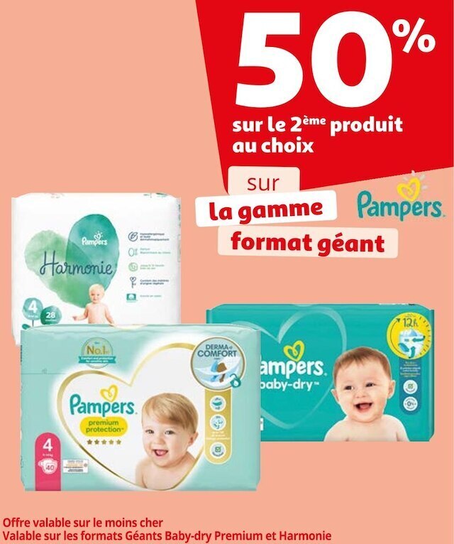 Promo Pampers 50 sur le 2ème produit au choix sur la gamme pampers format géant chez Auchan