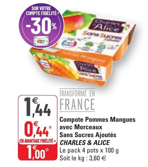 Promo Compote pommes mangues avec morceaux sans sucres ajoutés CHARLES