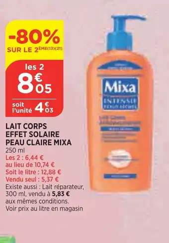 Bi1 Lait Corps Effet Solaire Peau Claire Mixa offre