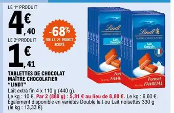 E.Leclerc Tablettes de Chocolat Maitre Choclatier Lindt offre