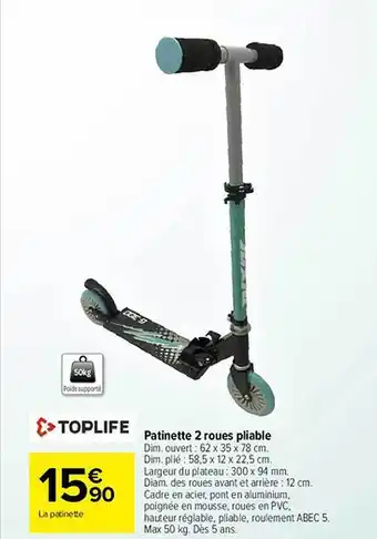 Carrefour Patinette 2 roues pliable toplife offre