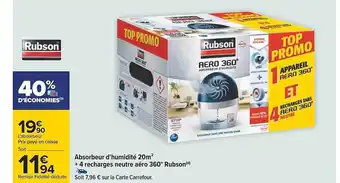 Carrefour Absorbeur d'humidité 20m² + 4 recharges neutre aéro 360° rubson offre