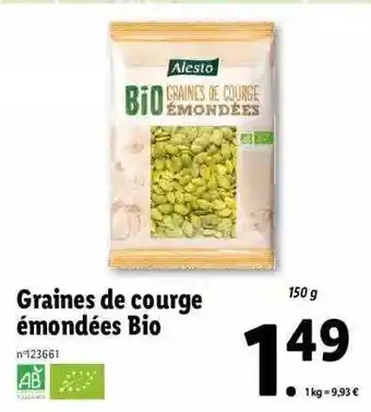 Lidl Graines de courge émondées bio alesto offre