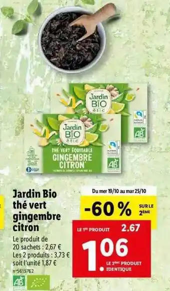 Lidl Jardin bio thé vert gingembre citron offre
