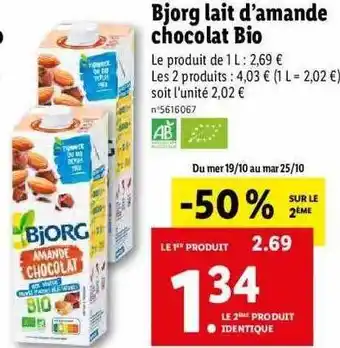 Lidl Bjorg lait d'amande chocolat bio offre