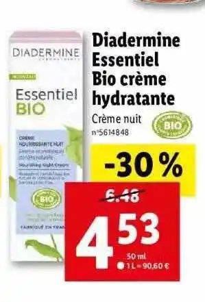 Lidl Diadermine essentiel bio crème hydratante offre