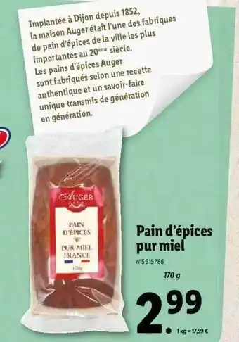 Lidl Pain d'épices pur miel auger offre