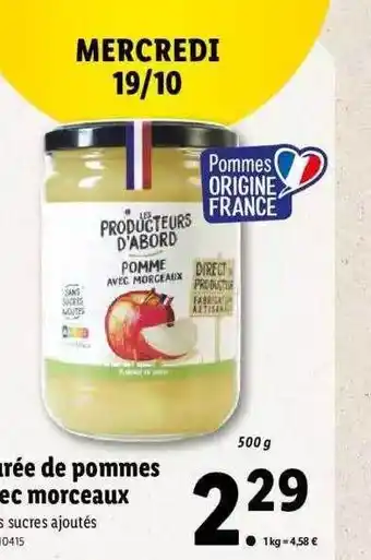 Lidl Purée de pommes avec morceaux les producteurs d'abord offre