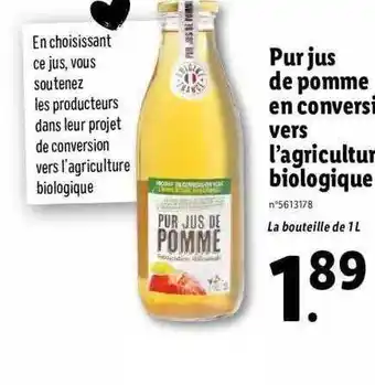 Lidl Pur jus de pomme en conversion vers l'agriculture biologique offre