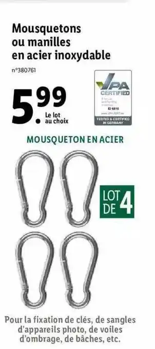 Lidl Mousquetons ou manilles en acier inoxydable offre