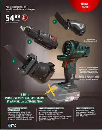 Lidl Appareil combiné 3 en 1 sans fil sans batterie ni chargeur parkside offre