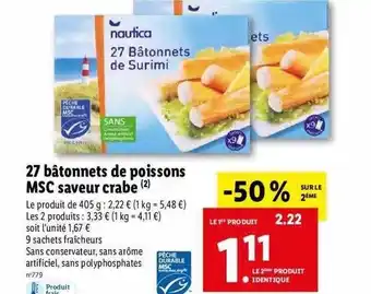 Lidl 27 bâtonnets de poissons msc saveur crabe nautica offre