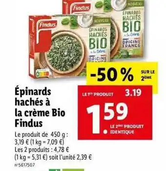 Lidl Épinards hachés à la crème bio findus offre