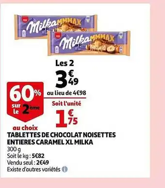 Auchan Tablettes de chocolat noisettes entières caramel xl milka offre
