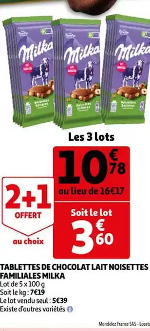 Auchan Tablettes de chocolat noisettes familiales milka offre