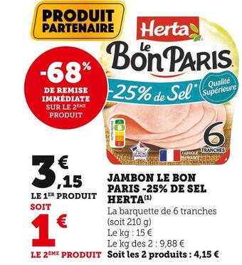 U Express Herta jambon le bon paris -25% de sel offre