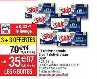 Cora x Carrefour Lessive capsule 3 en 1 active clean skip offre