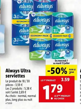 Lidl Always ultra serviettes offre