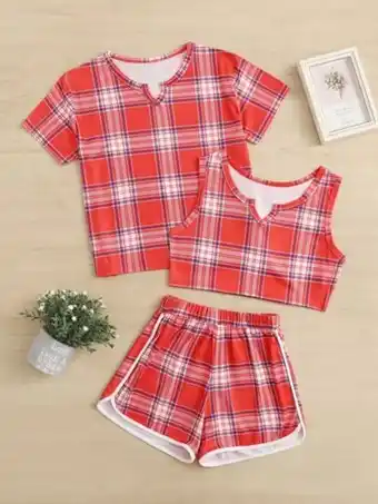 SheIn Fille ensemble de pyjama t-shirt à carreaux & top sans manches & short offre
