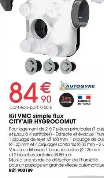 Brico Pro Kit vmc simple flux city'air hygrocomut autogyre offre