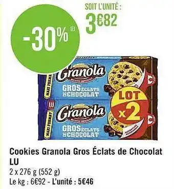 Casino Supermarchés Cookies granola gros éclats de chocolat lu offre