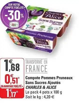 G20 Compote pommes pruneaux sans sucres ajoutés charles & alice offre