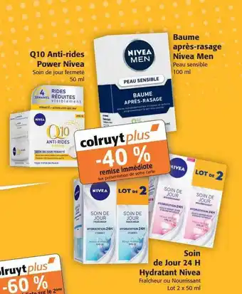 Colruyt Q10 anti-rides power nivea, baume après-rasage nivea men, soin de jour 24h hydratant nivea offre