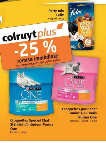 Colruyt Party mix felix, croquettes spécial chat stérilisé d'intérieur purina one, croquettes pour chat junior 1-12 mois purina one offre