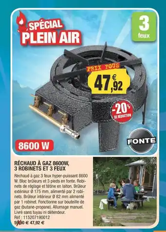 Outiror Réchaud à gaz 8600w, 3 robinets et 3 feux offre