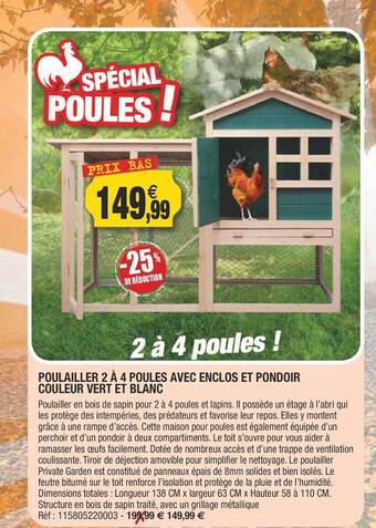 Outiror Poulailler 2 à 4 poules avec enclos et pondoir couleur vert et blanc offre