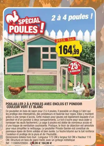 Outiror Poulailler 2 à 4 poules avec enclos et pondoir couleur vert et blanc offre