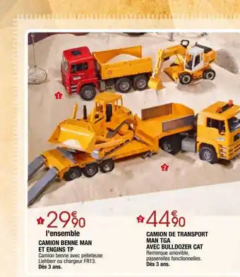 Migros Camion benne man et engins tp, camion de transport man tga avec bulldozer cat offre