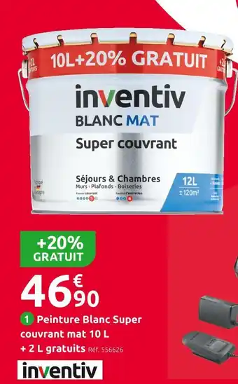 Mr Bricolage Inventiv peinture blanc super couvrant mat 10 l + 2 l gratuits offre