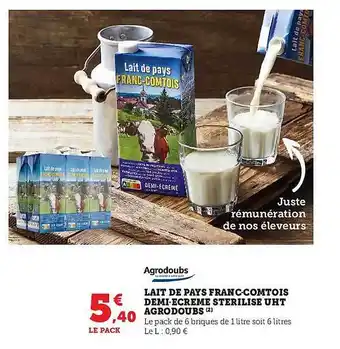 Super U Lait de pays franc-comtois demi-écrémé stérilisé uht agrodoubs offre