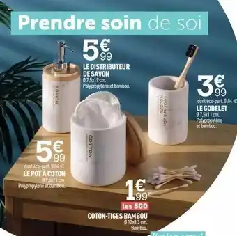 Centrakor Le distributeur de savon, le pot à coton, coton-tiges bambou, le gobelet offre